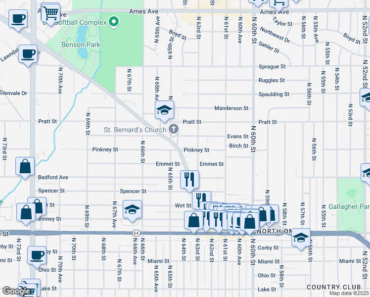 map of restaurants, bars, coffee shops, grocery stores, and more near 6322 Pinkney Street in Omaha