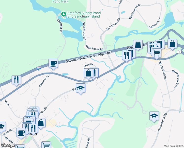 map of restaurants, bars, coffee shops, grocery stores, and more near 2 Manorwood Drive in Branford