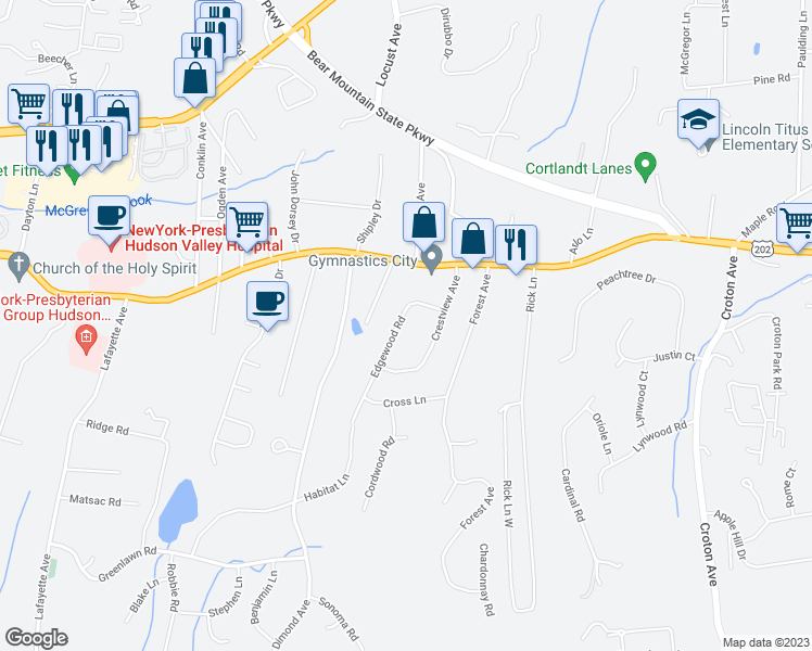 map of restaurants, bars, coffee shops, grocery stores, and more near 17 Edgewood Road in Cortlandt