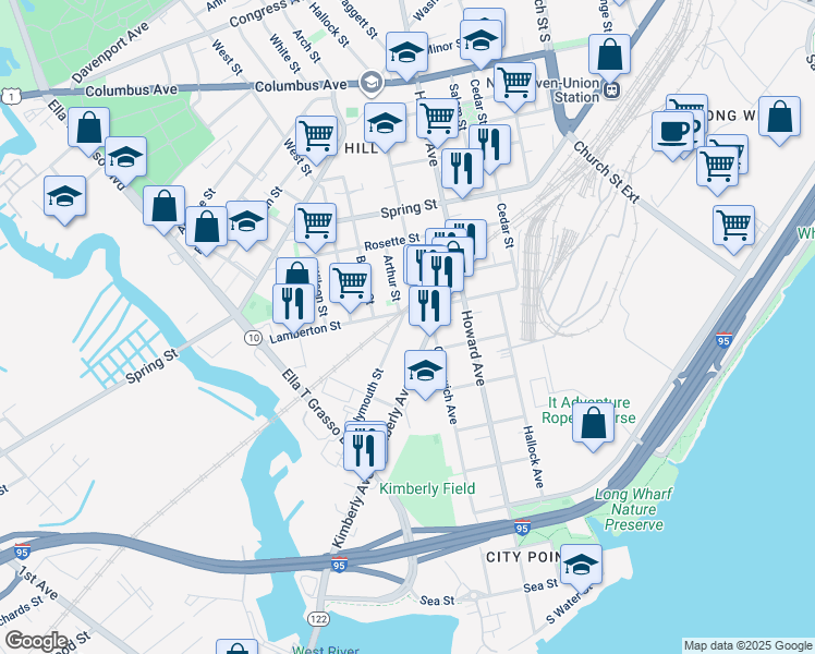 map of restaurants, bars, coffee shops, grocery stores, and more near 181 Plymouth Street in New Haven
