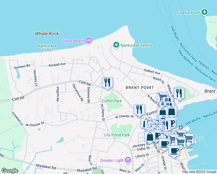 map of restaurants, bars, coffee shops, grocery stores, and more near 51 Cliff Rd in Nantucket