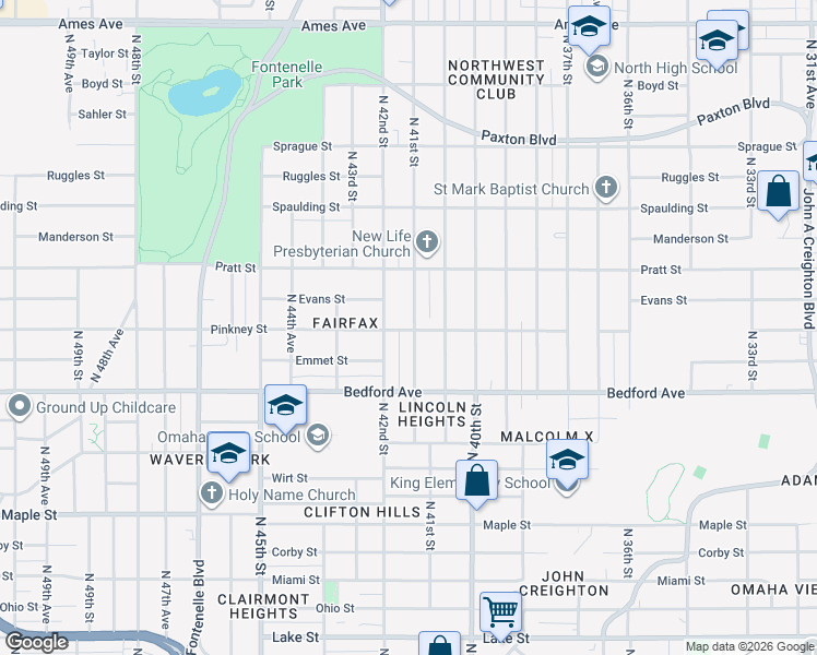 map of restaurants, bars, coffee shops, grocery stores, and more near 3502 North 41st Street in Omaha