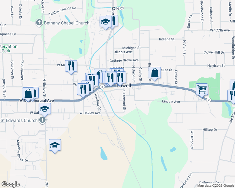 map of restaurants, bars, coffee shops, grocery stores, and more near 127 South Fremont Street in Lowell