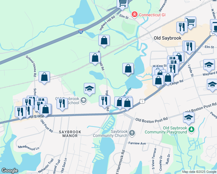 map of restaurants, bars, coffee shops, grocery stores, and more near 64 Ingham Hill Road in Old Saybrook