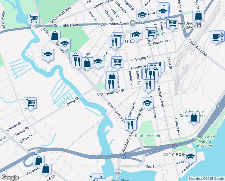 map of restaurants, bars, coffee shops, grocery stores, and more near 55 Morris Street in New Haven