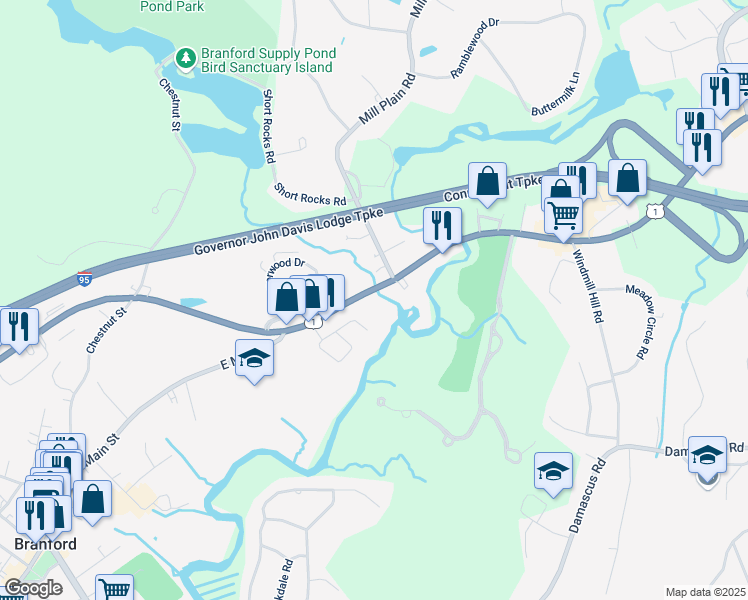 map of restaurants, bars, coffee shops, grocery stores, and more near 263R East Main Street in Branford
