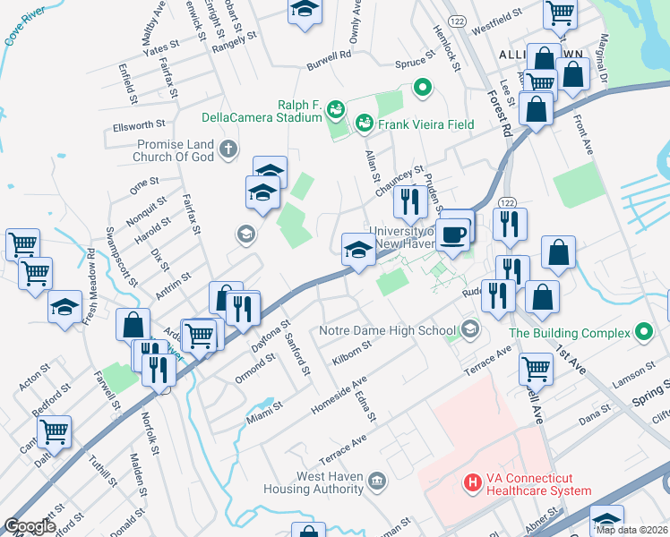 map of restaurants, bars, coffee shops, grocery stores, and more near 581 Boston Post Road in West Haven