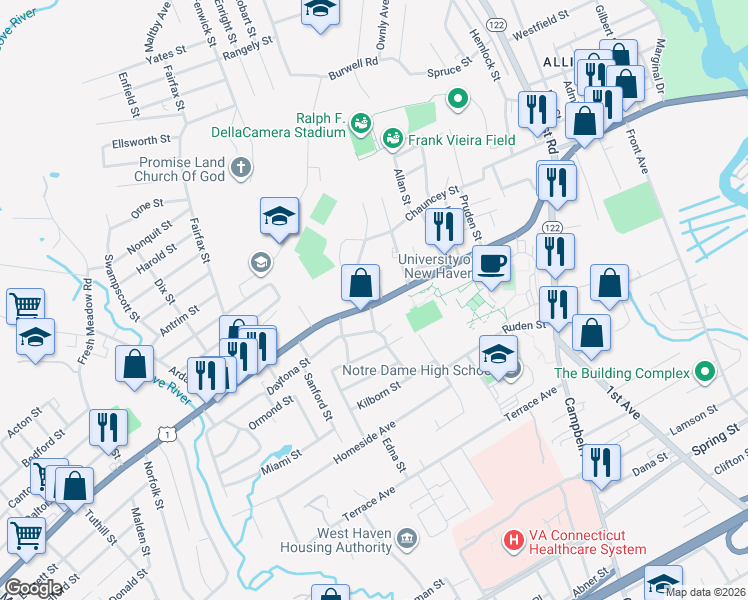 map of restaurants, bars, coffee shops, grocery stores, and more near 581 Boston Post Road in West Haven