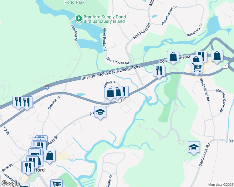 map of restaurants, bars, coffee shops, grocery stores, and more near 2 Manorwood Drive in Branford