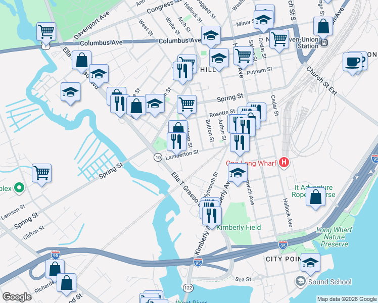 map of restaurants, bars, coffee shops, grocery stores, and more near 146 Lamberton Street in New Haven