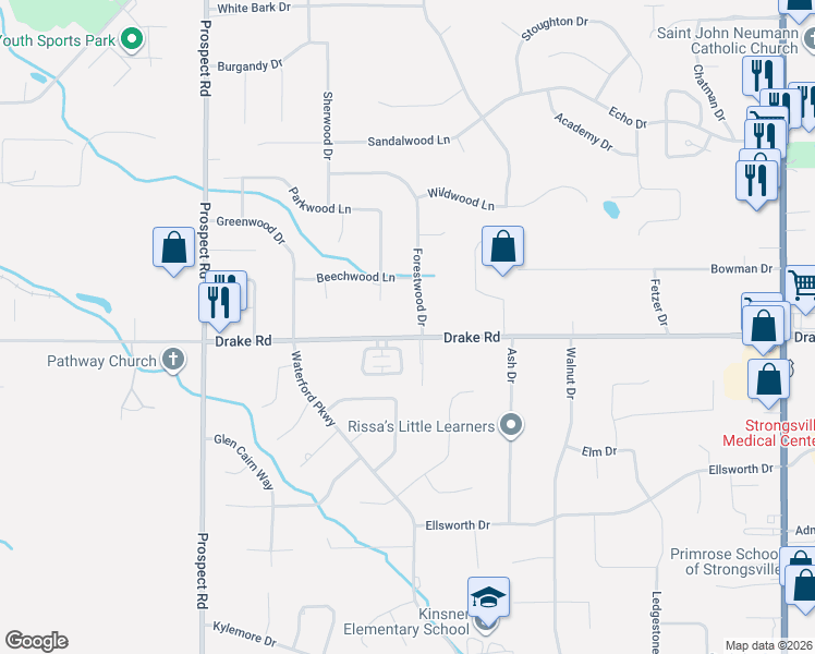map of restaurants, bars, coffee shops, grocery stores, and more near 20364 Drake Road in Strongsville