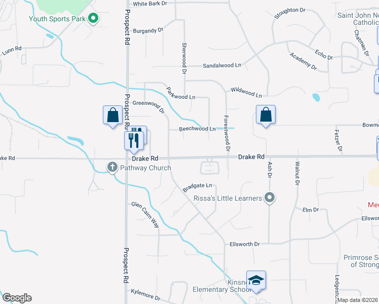 map of restaurants, bars, coffee shops, grocery stores, and more near 20466 Drake Road in Strongsville