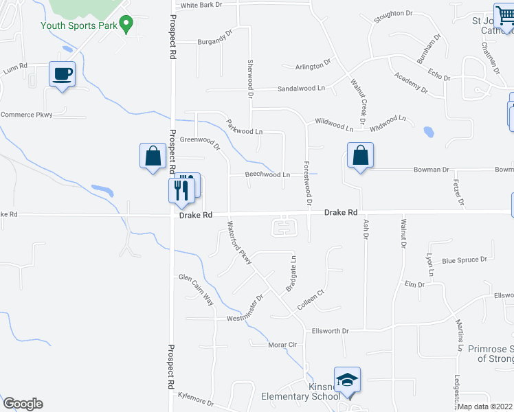 map of restaurants, bars, coffee shops, grocery stores, and more near 20466 Drake Road in Strongsville