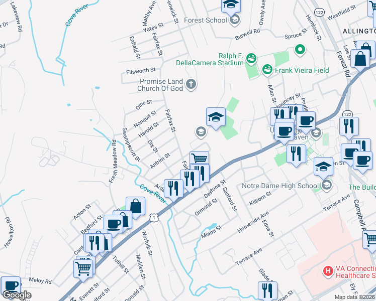 map of restaurants, bars, coffee shops, grocery stores, and more near 6 Tetlow Street in West Haven