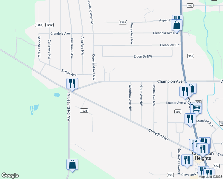 map of restaurants, bars, coffee shops, grocery stores, and more near 607 Champion Avenue West in Warren