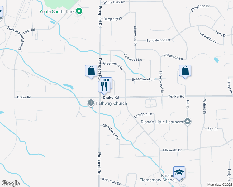 map of restaurants, bars, coffee shops, grocery stores, and more near 17362 Greenwood Drive in Strongsville