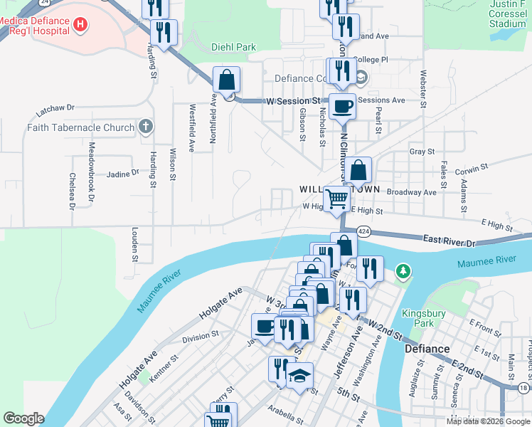 map of restaurants, bars, coffee shops, grocery stores, and more near 601 West High Street in Defiance