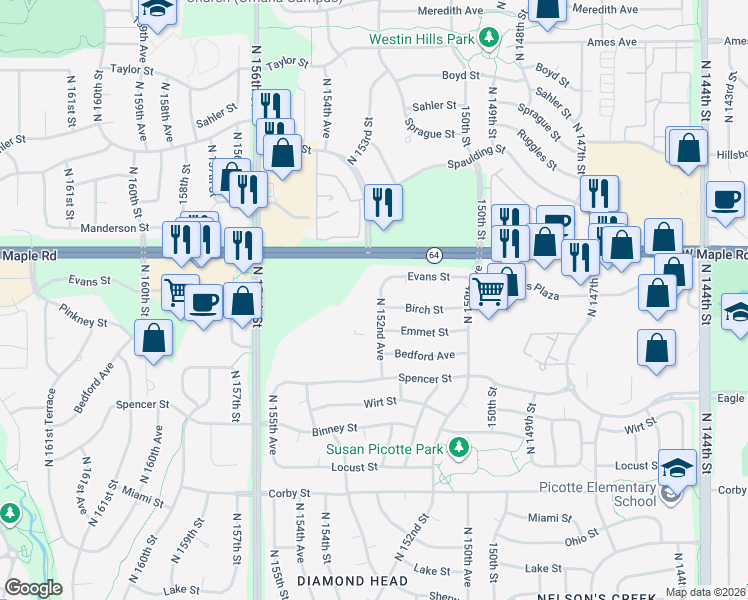 map of restaurants, bars, coffee shops, grocery stores, and more near 3504 North 152nd Avenue in Omaha