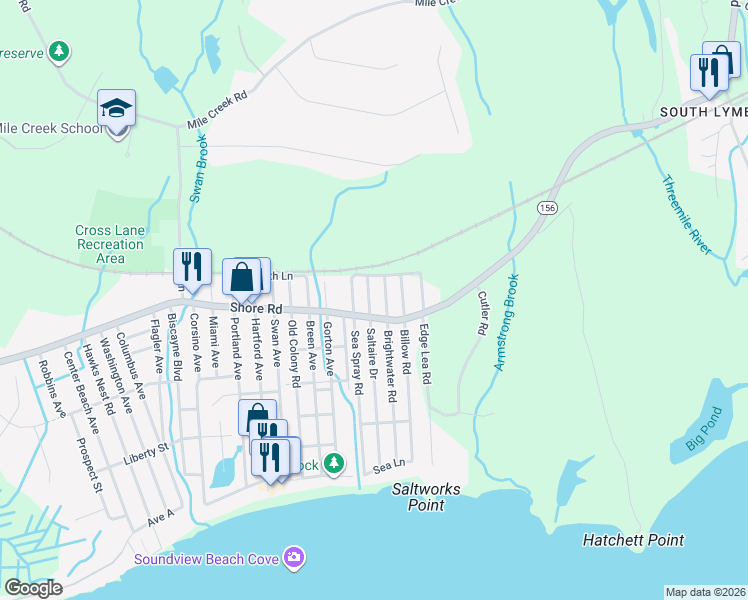 map of restaurants, bars, coffee shops, grocery stores, and more near 308 Brightwater Road in Old Lyme