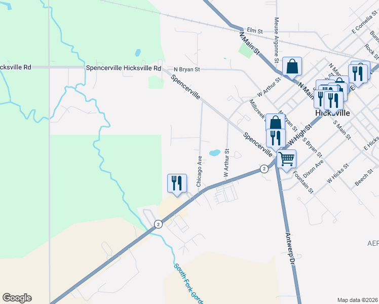 map of restaurants, bars, coffee shops, grocery stores, and more near 340 Chicago Avenue in Hicksville