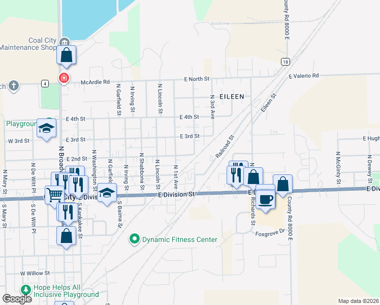 map of restaurants, bars, coffee shops, grocery stores, and more near 790 East 2nd Street in Coal City