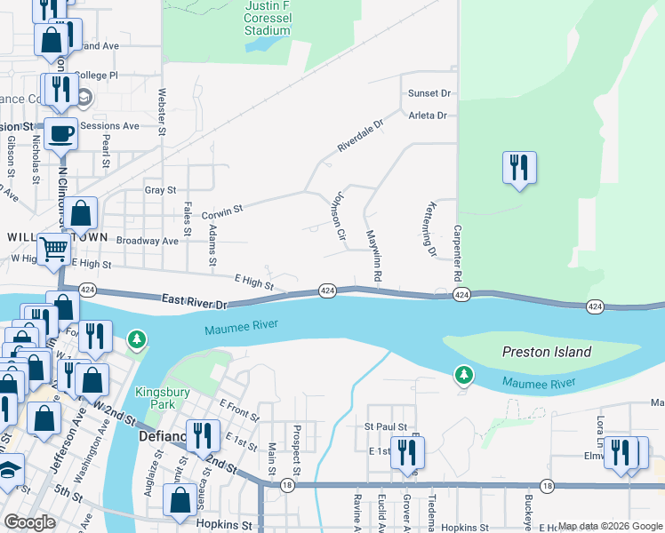 map of restaurants, bars, coffee shops, grocery stores, and more near 150 Johnson Circle in Defiance