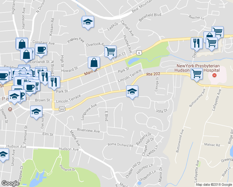 map of restaurants, bars, coffee shops, grocery stores, and more near 1603 Crompond Road in Peekskill