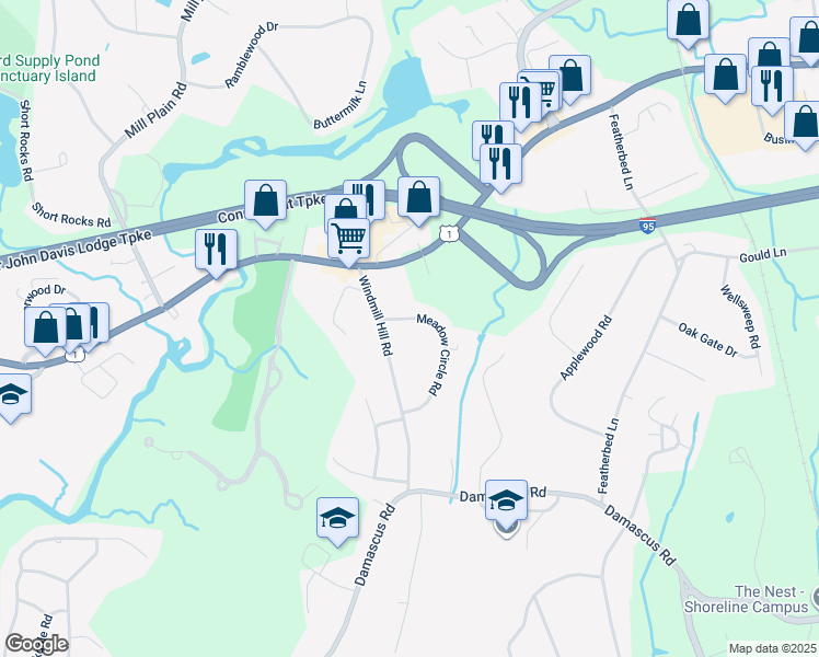 map of restaurants, bars, coffee shops, grocery stores, and more near 15 Meadow Circle Road in Branford