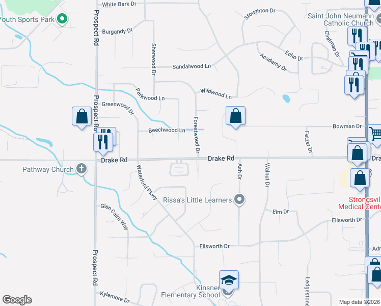 map of restaurants, bars, coffee shops, grocery stores, and more near 20364 Drake Road in Strongsville