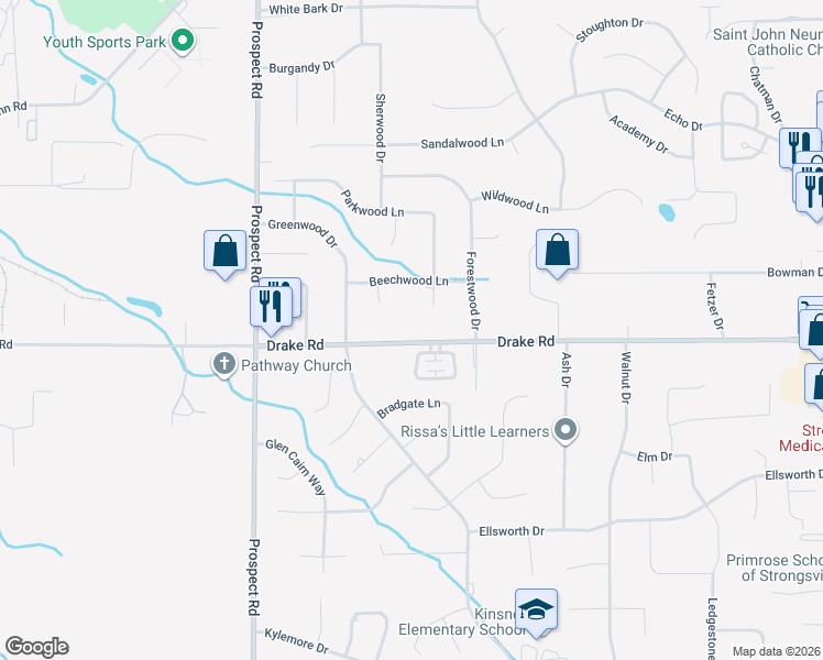 map of restaurants, bars, coffee shops, grocery stores, and more near 20466 Drake Road in Strongsville