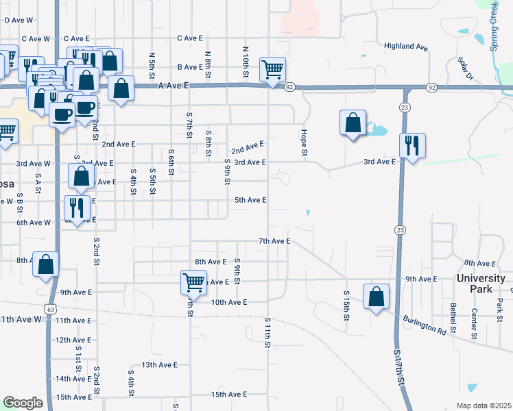 map of restaurants, bars, coffee shops, grocery stores, and more near 1000-1098 5th Ave E in Oskaloosa