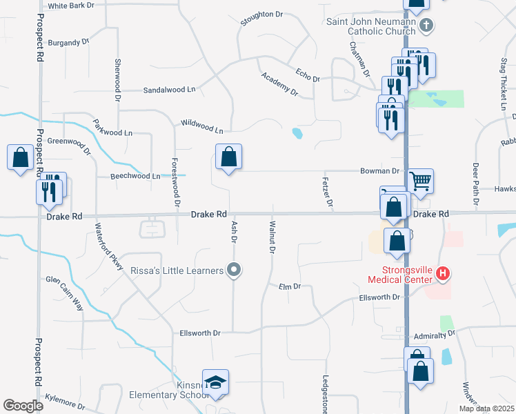 map of restaurants, bars, coffee shops, grocery stores, and more near 19818 Drake Road in Strongsville