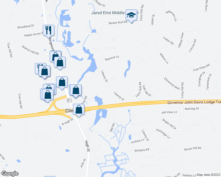 map of restaurants, bars, coffee shops, grocery stores, and more near 140 Liberty Street in Clinton
