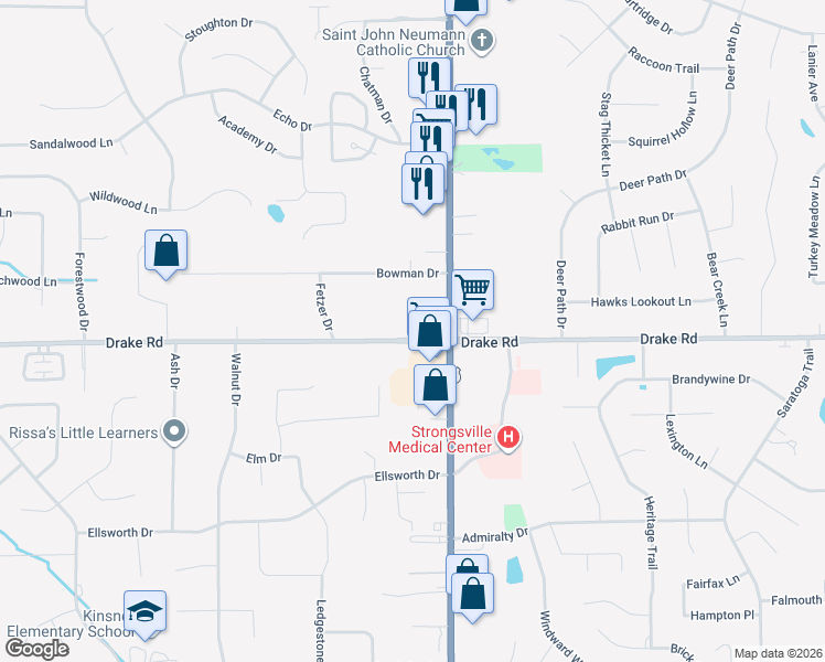 map of restaurants, bars, coffee shops, grocery stores, and more near 19118 Drake Road in Strongsville