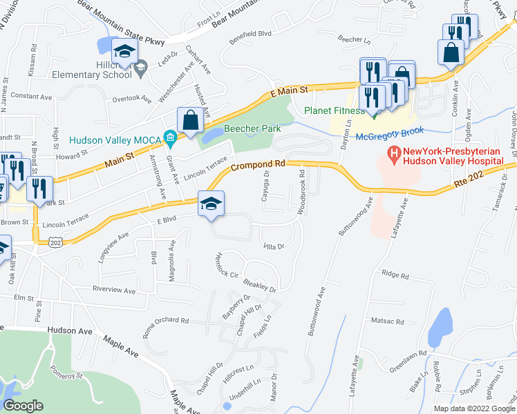 map of restaurants, bars, coffee shops, grocery stores, and more near 68 Cayuga Drive in Peekskill