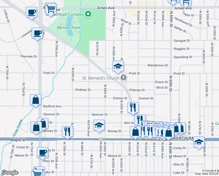 map of restaurants, bars, coffee shops, grocery stores, and more near 6542 Pinkney Street in Omaha