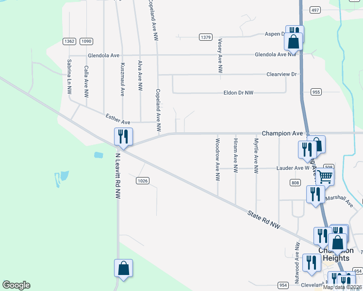 map of restaurants, bars, coffee shops, grocery stores, and more near 607 Champion Avenue West in Warren