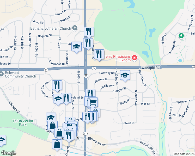 map of restaurants, bars, coffee shops, grocery stores, and more near 20244 Pinkney Street in Omaha