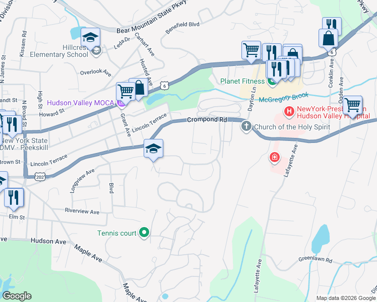 map of restaurants, bars, coffee shops, grocery stores, and more near 68 Cayuga Drive in Peekskill