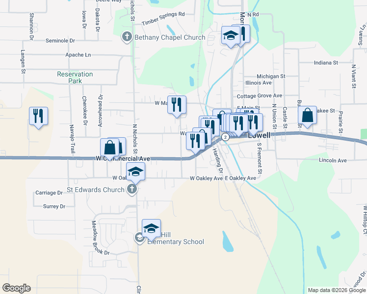 map of restaurants, bars, coffee shops, grocery stores, and more near 124 North Liberty Street in Lowell