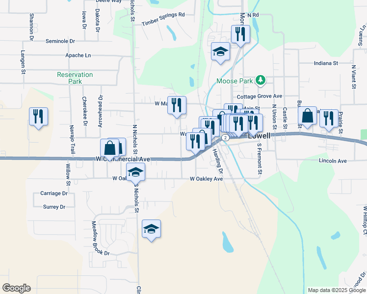 map of restaurants, bars, coffee shops, grocery stores, and more near 124 North Liberty Street in Lowell