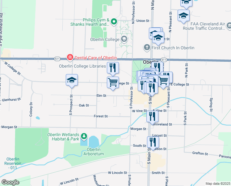 map of restaurants, bars, coffee shops, grocery stores, and more near 132 Elm Street in Oberlin