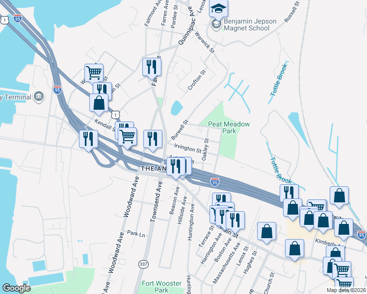 map of restaurants, bars, coffee shops, grocery stores, and more near 29 Irvington Street in New Haven