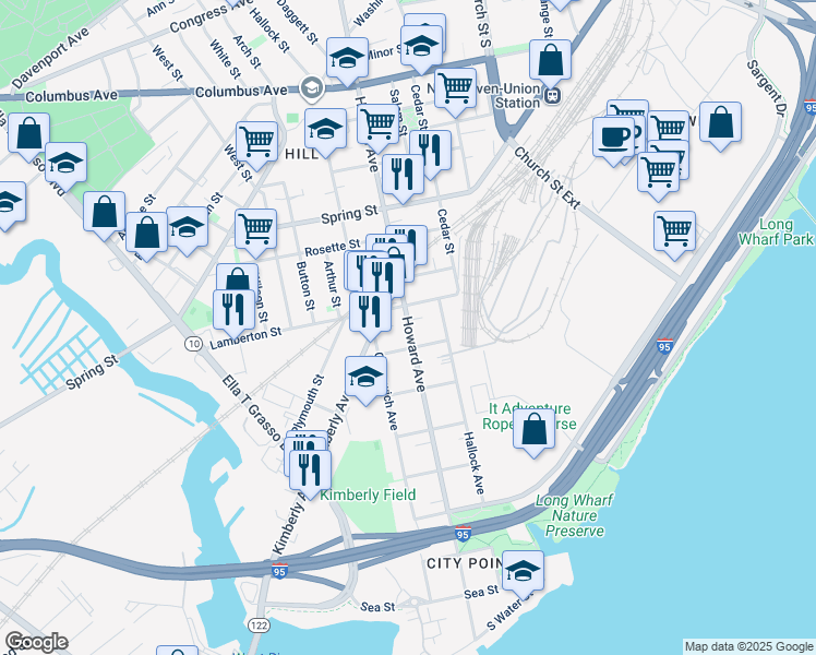 map of restaurants, bars, coffee shops, grocery stores, and more near 455 Greenwich Avenue in New Haven