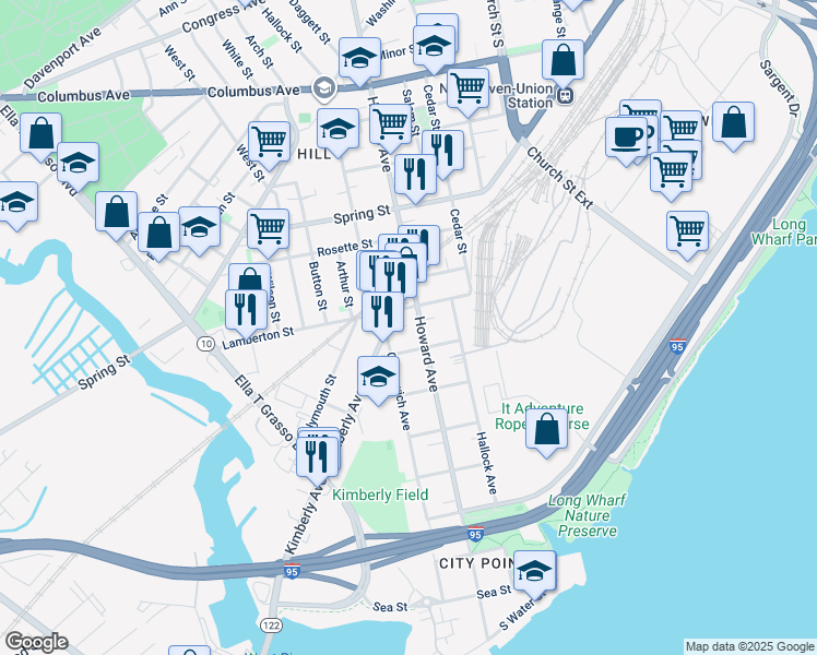 map of restaurants, bars, coffee shops, grocery stores, and more near 455 Greenwich Avenue in New Haven