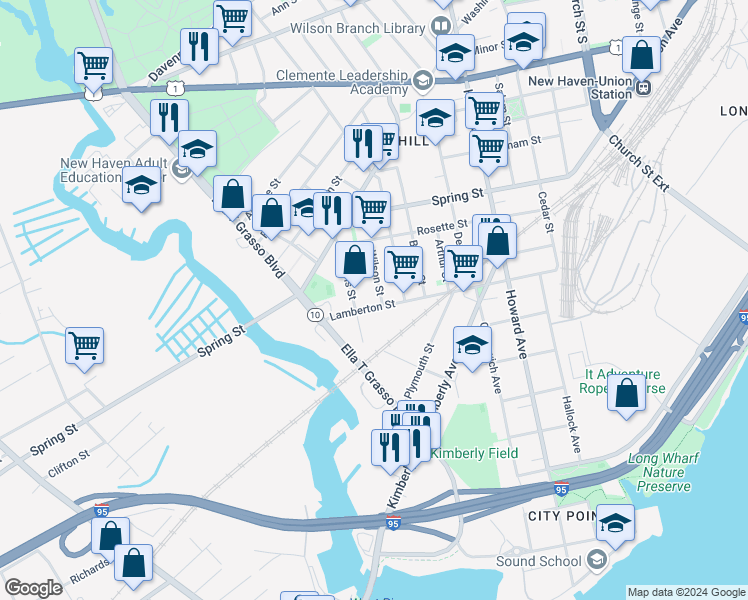 map of restaurants, bars, coffee shops, grocery stores, and more near 146 Lamberton Street in New Haven