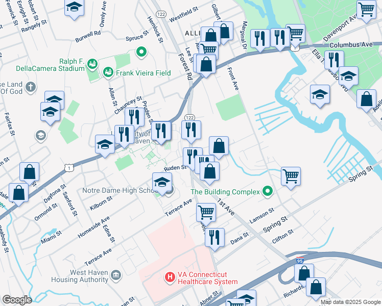 map of restaurants, bars, coffee shops, grocery stores, and more near 1139 Campbell Avenue in West Haven