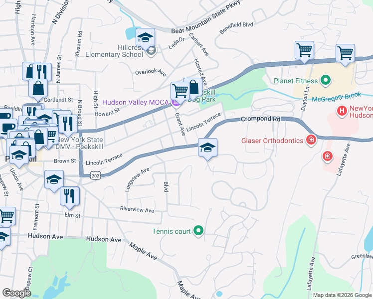 map of restaurants, bars, coffee shops, grocery stores, and more near 1603 Crompond Road in Peekskill