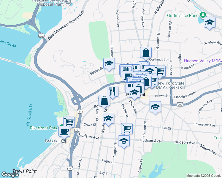 map of restaurants, bars, coffee shops, grocery stores, and more near 807 Main Street in Peekskill