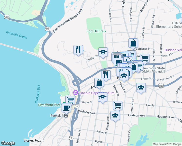 map of restaurants, bars, coffee shops, grocery stores, and more near 649 Main Street in Peekskill